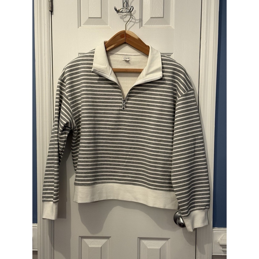 J.Crewβ Wom XL Strip Pullover Sweater Gray White Cotton Classic, Preppy 1/2 zip